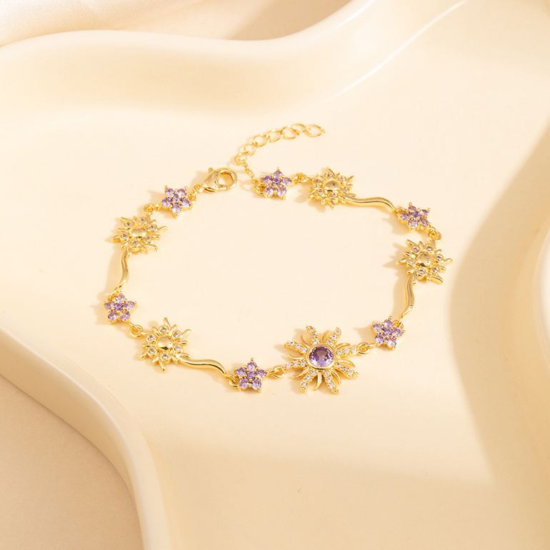 Cute Purple Sunflower Charm Bracelet for Women – Elegant Gold-Plated Floral Bracelet, Princess Style Adjustable Jewelry Gift