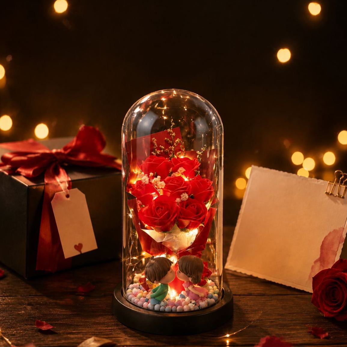 Eternal Rose Glass Dome Night Light – Resin Preserved Flower Bouquet Lamp Birthday Gift for Her