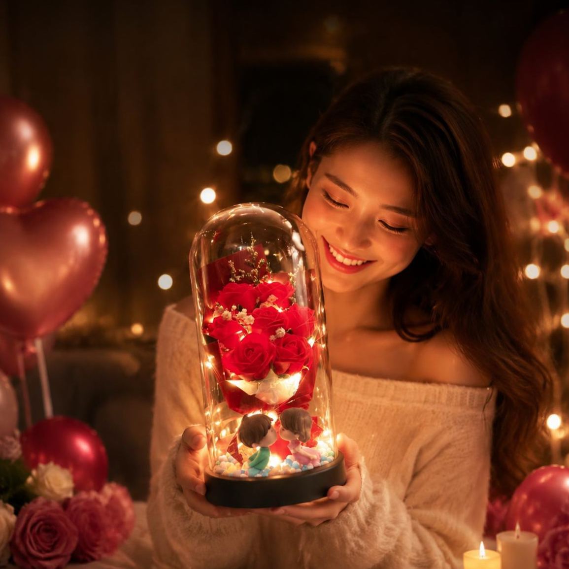 Eternal Rose Glass Dome Night Light – Resin Preserved Flower Bouquet Lamp Birthday Gift for Her