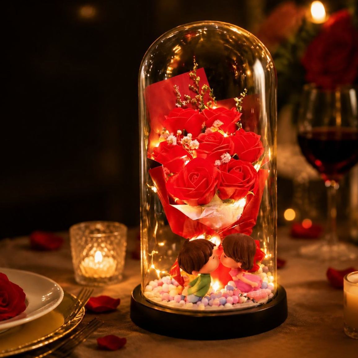 Eternal Rose Glass Dome Night Light – Resin Preserved Flower Bouquet Lamp Birthday Gift for Her