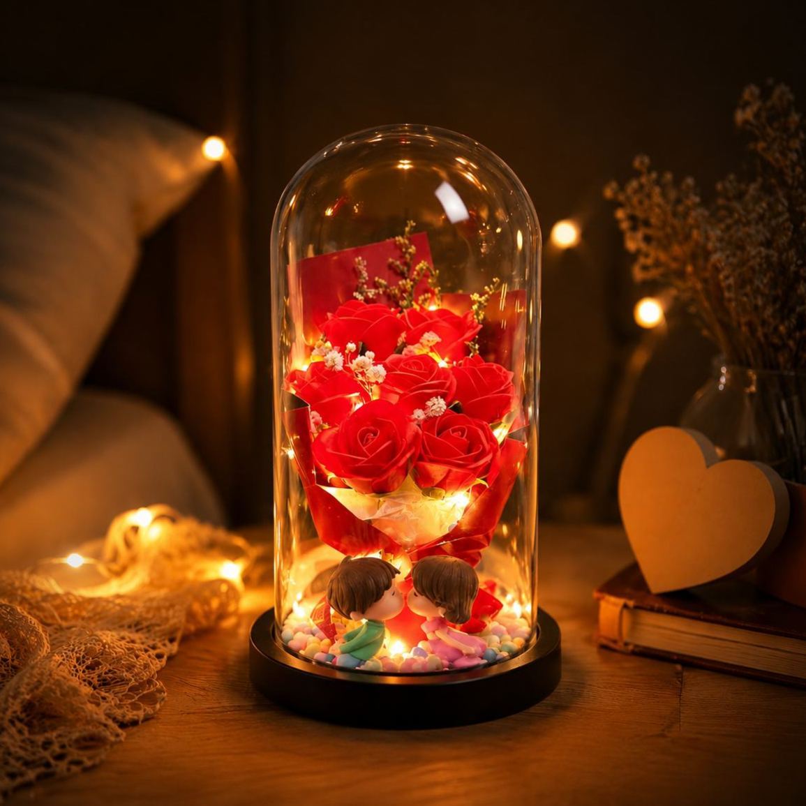 Eternal Rose Glass Dome Night Light – Resin Preserved Flower Bouquet Lamp Birthday Gift for Her