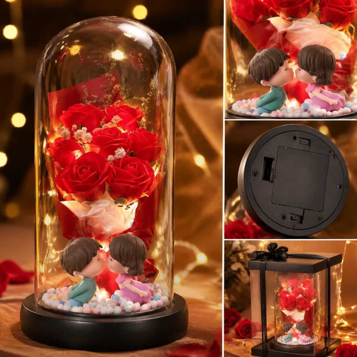 Eternal Rose Glass Dome Night Light – Resin Preserved Flower Bouquet Lamp Birthday Gift for Her