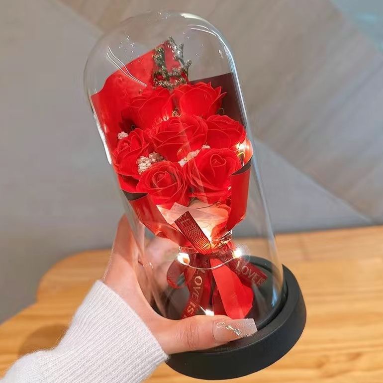 Eternal Rose Glass Dome Night Light – Resin Preserved Flower Bouquet Lamp Birthday Gift for Her