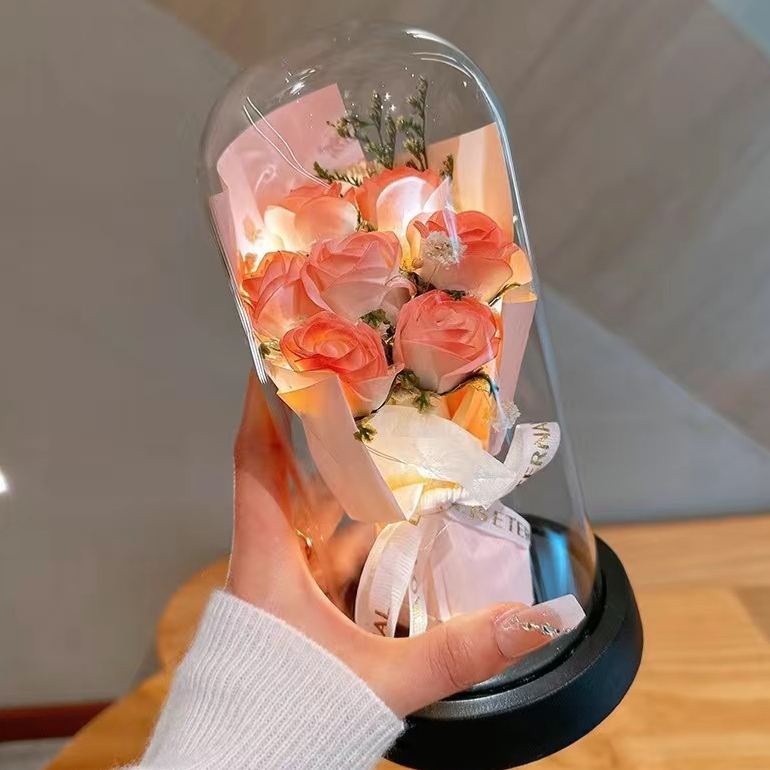 Eternal Rose Glass Dome Night Light – Resin Preserved Flower Bouquet Lamp Birthday Gift for Her