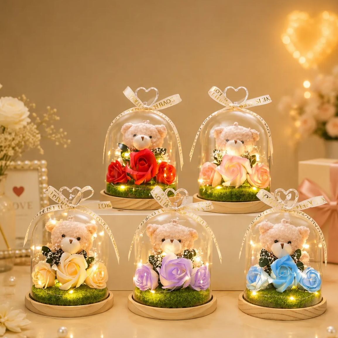 Preserved Flower Teddy Bear Bouquet, Soap Flower Rose & Carnation Arrangement, Romantic Birthday Valentine's Day Gift for Girlfriend