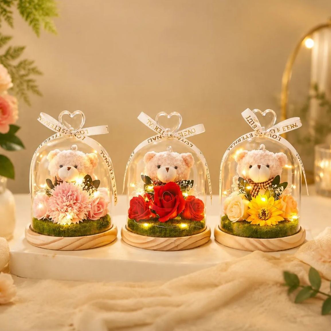 Preserved Flower Teddy Bear Bouquet, Soap Flower Rose & Carnation Arrangement, Romantic Birthday Valentine's Day Gift for Girlfriend