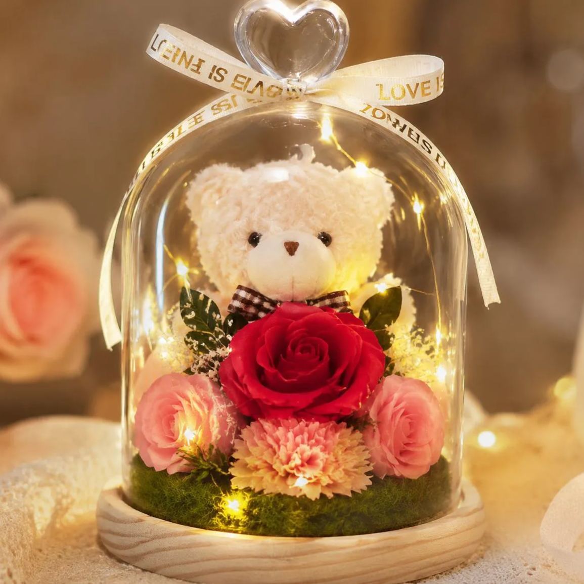 Preserved Flower Teddy Bear Bouquet, Soap Flower Rose & Carnation Arrangement, Romantic Birthday Valentine's Day Gift for Girlfriend