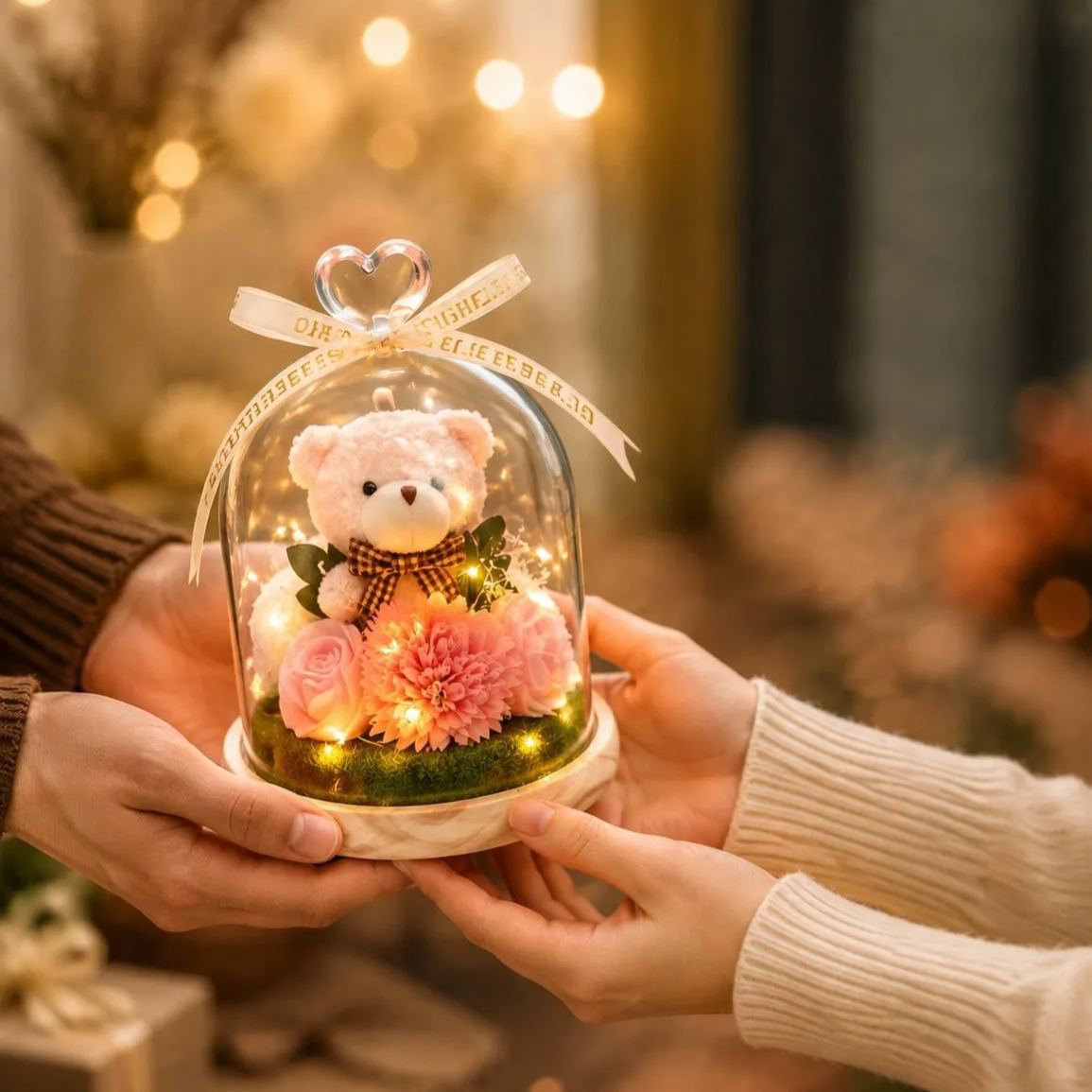 Preserved Flower Teddy Bear Bouquet, Soap Flower Rose & Carnation Arrangement, Romantic Birthday Valentine's Day Gift for Girlfriend