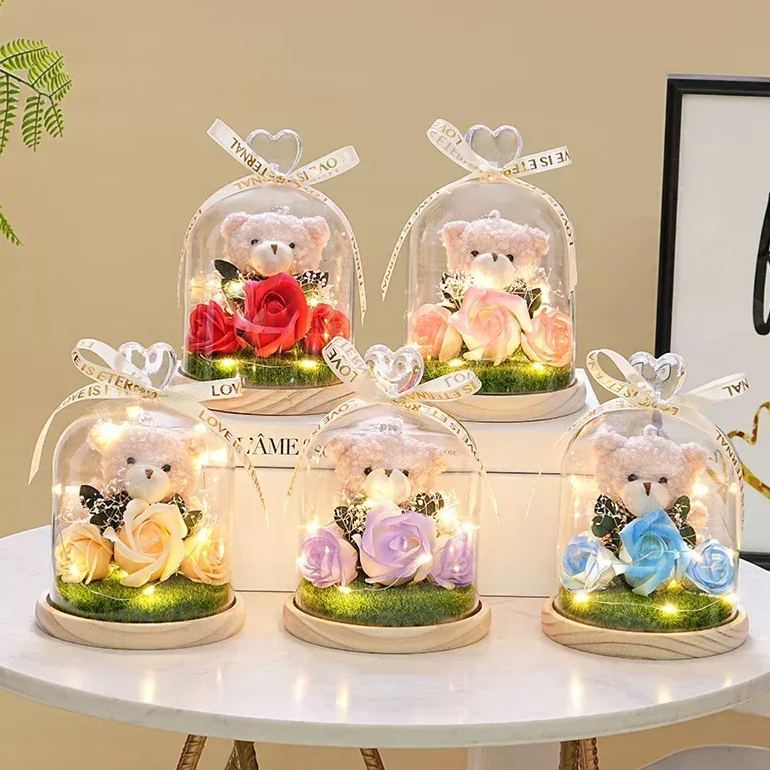 Preserved Flower Teddy Bear Bouquet, Soap Flower Rose & Carnation Arrangement, Romantic Birthday Valentine's Day Gift for Girlfriend