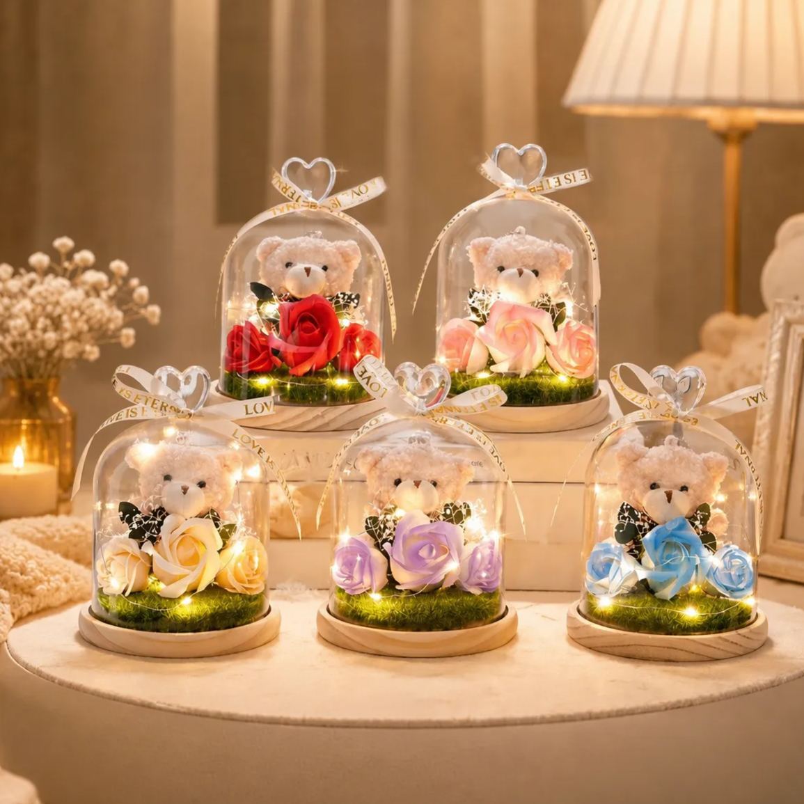 Preserved Flower Teddy Bear Bouquet, Soap Flower Rose & Carnation Arrangement, Romantic Birthday Valentine's Day Gift for Girlfriend