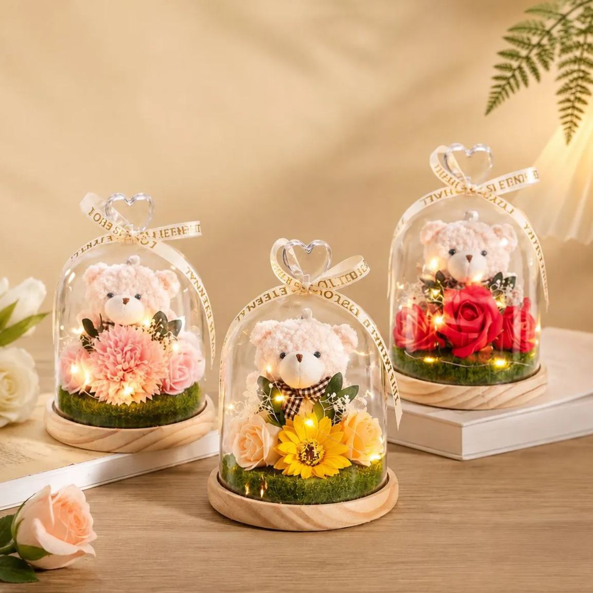 Preserved Flower Teddy Bear Bouquet, Soap Flower Rose & Carnation Arrangement, Romantic Birthday Valentine's Day Gift for Girlfriend