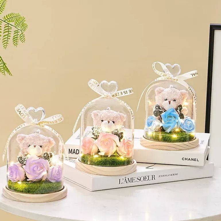 Preserved Flower Teddy Bear Bouquet, Soap Flower Rose & Carnation Arrangement, Romantic Birthday Valentine's Day Gift for Girlfriend