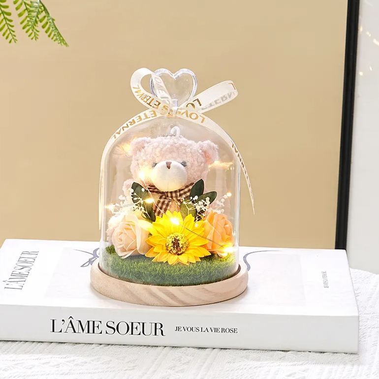 Preserved Flower Teddy Bear Bouquet, Soap Flower Rose & Carnation Arrangement, Romantic Birthday Valentine's Day Gift for Girlfriend
