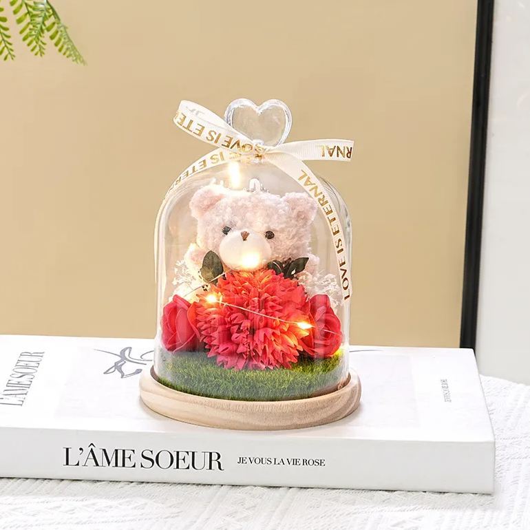 Preserved Flower Teddy Bear Bouquet, Soap Flower Rose & Carnation Arrangement, Romantic Birthday Valentine's Day Gift for Girlfriend