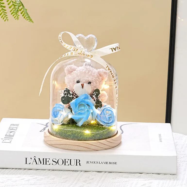 Preserved Flower Teddy Bear Bouquet, Soap Flower Rose & Carnation Arrangement, Romantic Birthday Valentine's Day Gift for Girlfriend