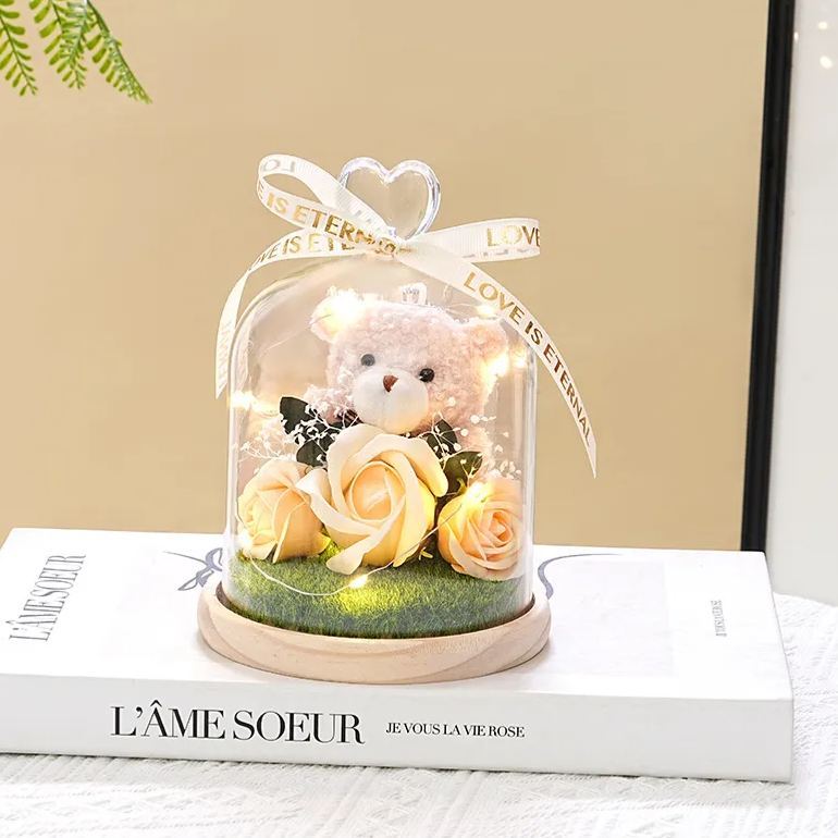 Preserved Flower Teddy Bear Bouquet, Soap Flower Rose & Carnation Arrangement, Romantic Birthday Valentine's Day Gift for Girlfriend