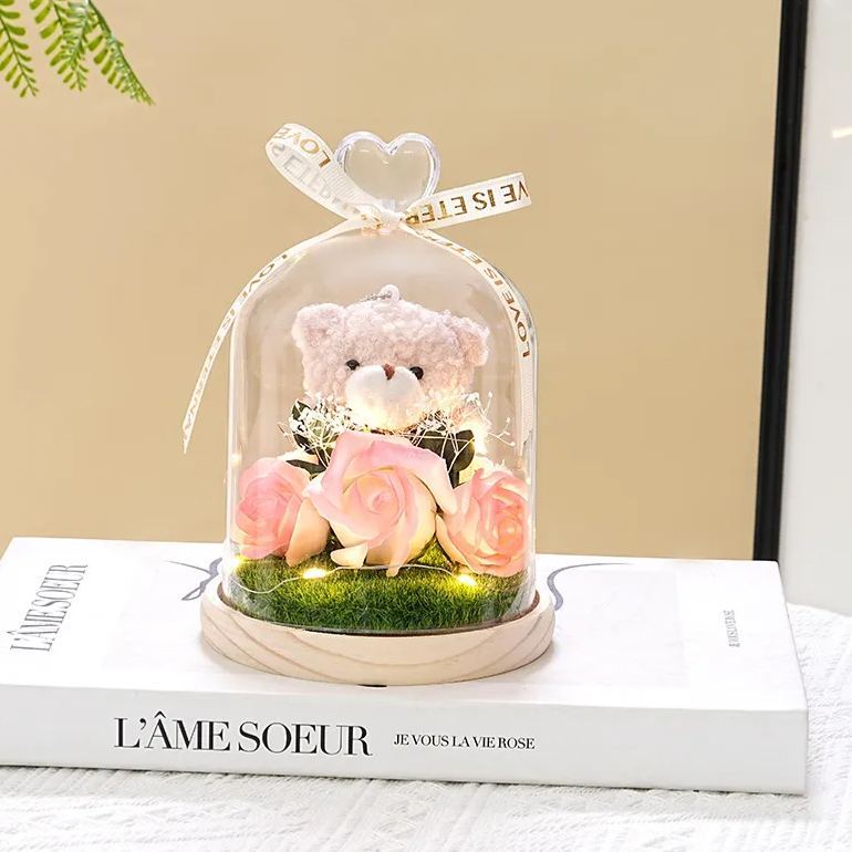 Preserved Flower Teddy Bear Bouquet, Soap Flower Rose & Carnation Arrangement, Romantic Birthday Valentine's Day Gift for Girlfriend
