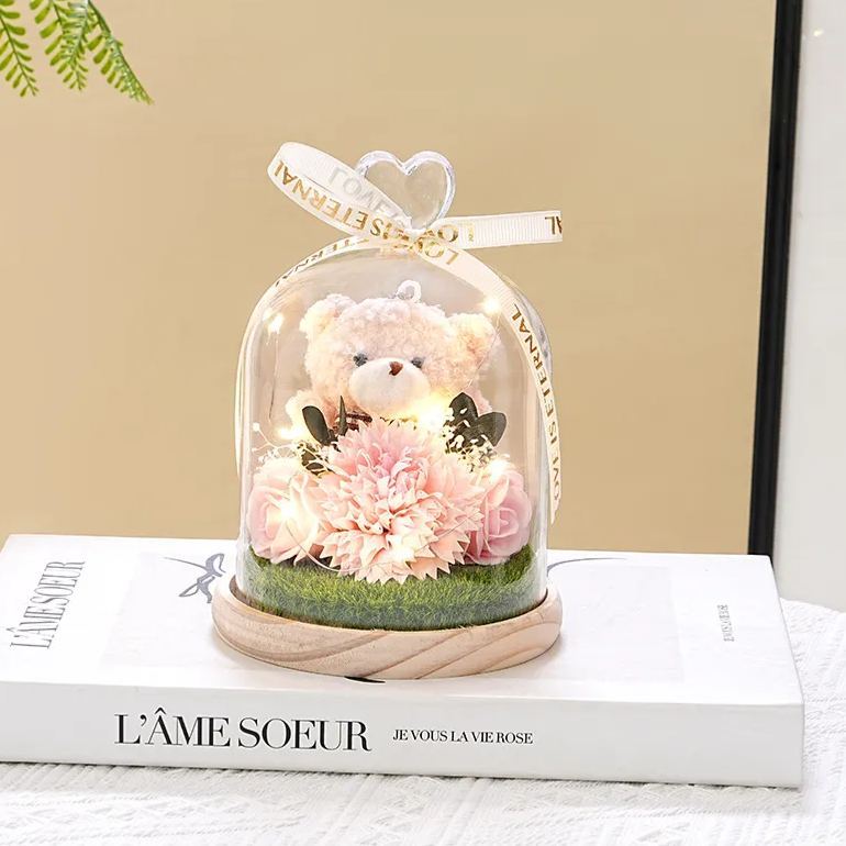 Preserved Flower Teddy Bear Bouquet, Soap Flower Rose & Carnation Arrangement, Romantic Birthday Valentine's Day Gift for Girlfriend