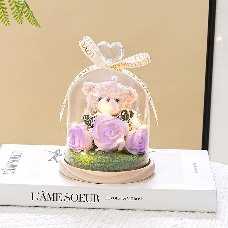 Preserved Flower Teddy Bear Bouquet, Soap Flower Rose & Carnation Arrangement, Romantic Birthday Valentine's Day Gift for Girlfriend