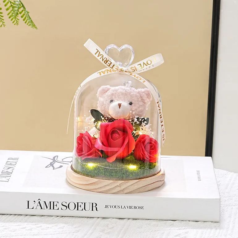 Preserved Flower Teddy Bear Bouquet, Soap Flower Rose & Carnation Arrangement, Romantic Birthday Valentine's Day Gift for Girlfriend