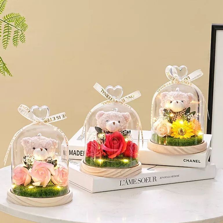 Preserved Flower Teddy Bear Bouquet, Soap Flower Rose & Carnation Arrangement, Romantic Birthday Valentine's Day Gift for Girlfriend