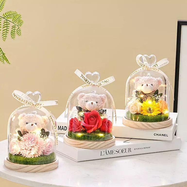 Preserved Flower Teddy Bear Bouquet, Soap Flower Rose & Carnation Arrangement, Romantic Birthday Valentine's Day Gift for Girlfriend
