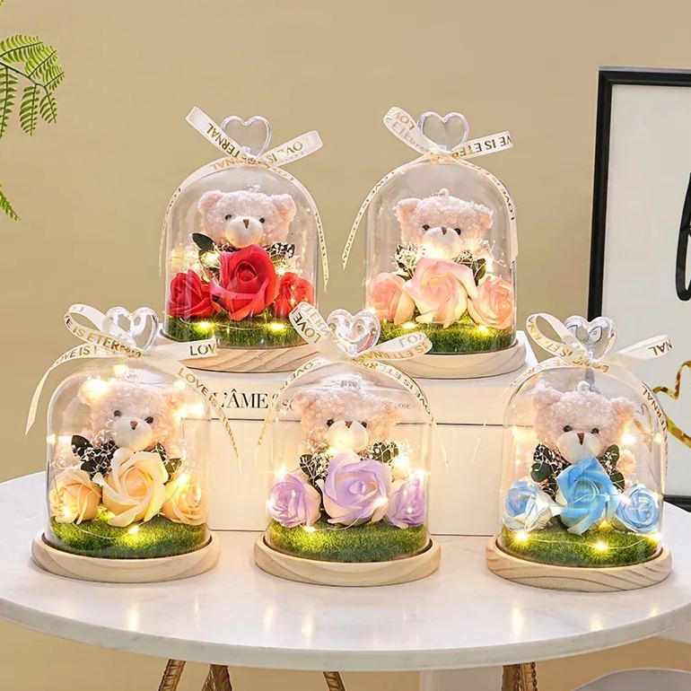 Preserved Flower Teddy Bear Bouquet, Soap Flower Rose & Carnation Arrangement, Romantic Birthday Valentine's Day Gift for Girlfriend