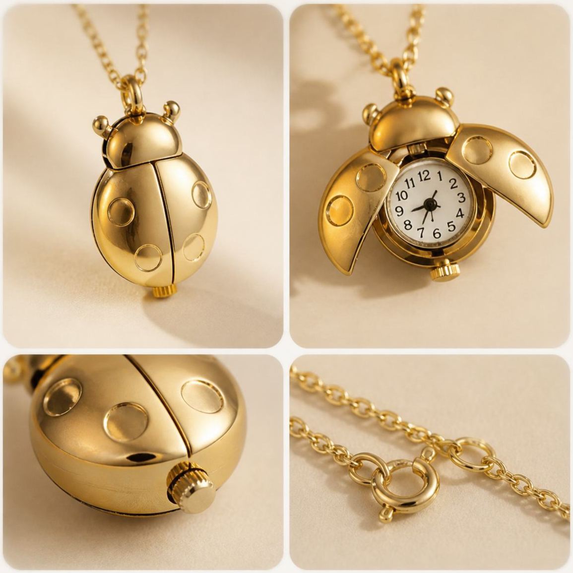 Vintage Ladybug Locket Watch Necklace, Functional Mini Beetle Pendant Quartz Clock Jewelry - PhotoMoonLamp