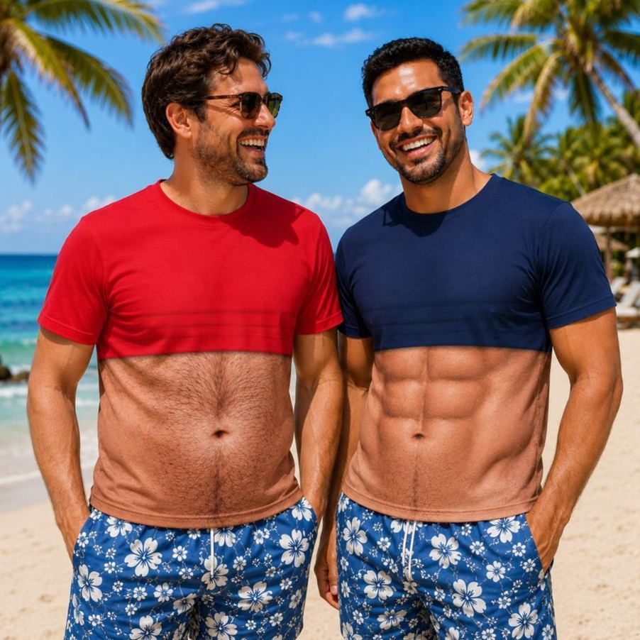 Dad Bod Shirt, Custom Faux Chest Hair Shirt, Personalized Aloha And Chill Shirts, Novelty Tropical Beach Fake Muscle Shirt, Novelty Dad Tee - PhotoMoonLamp