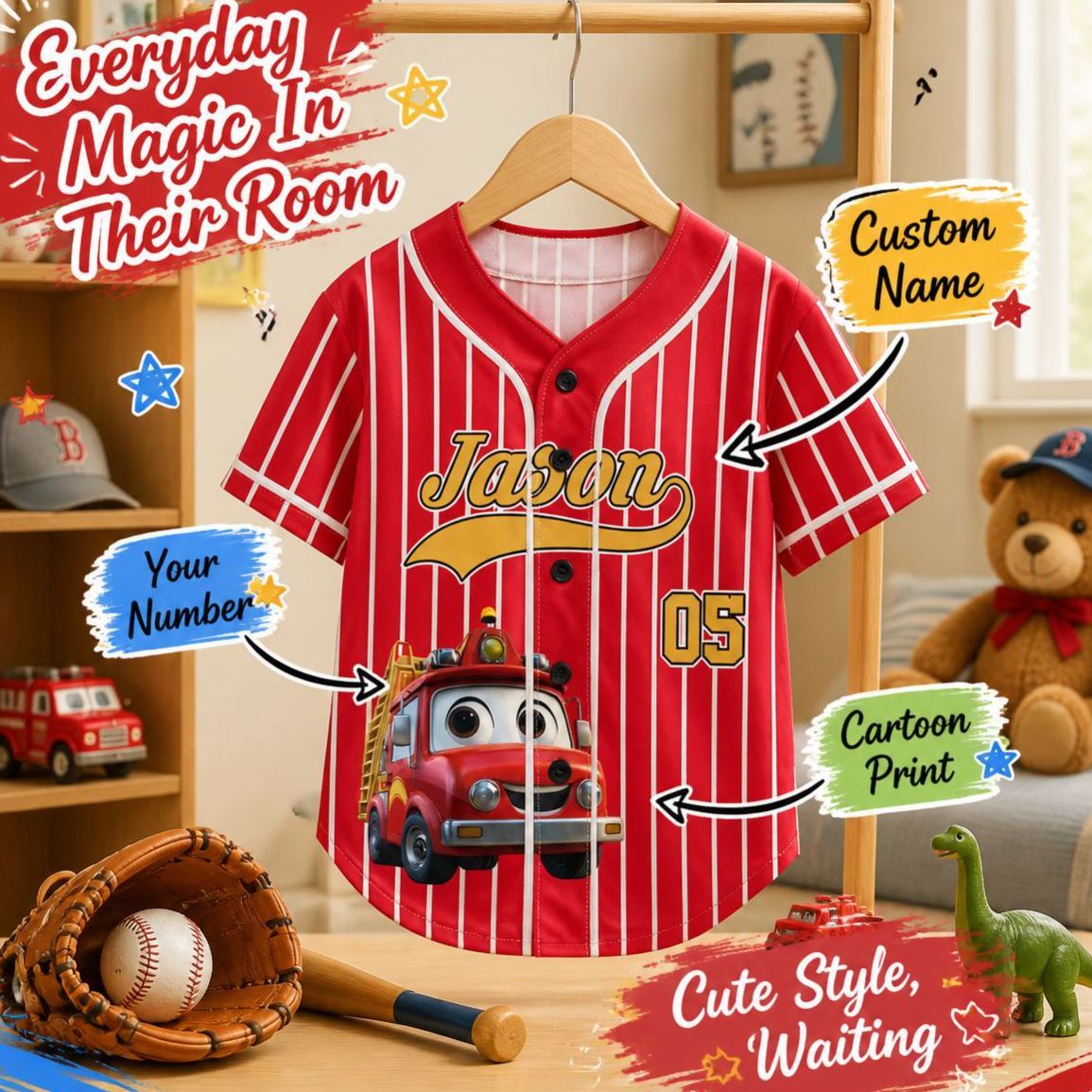 Kid Cartoon Dinosaur Vehicles Personalized Jersey Shirt – Custom Name Kids Sports Tee, Cute Dino Racing Jersey Gift for Boys & Girls - PhotoMoonLamp