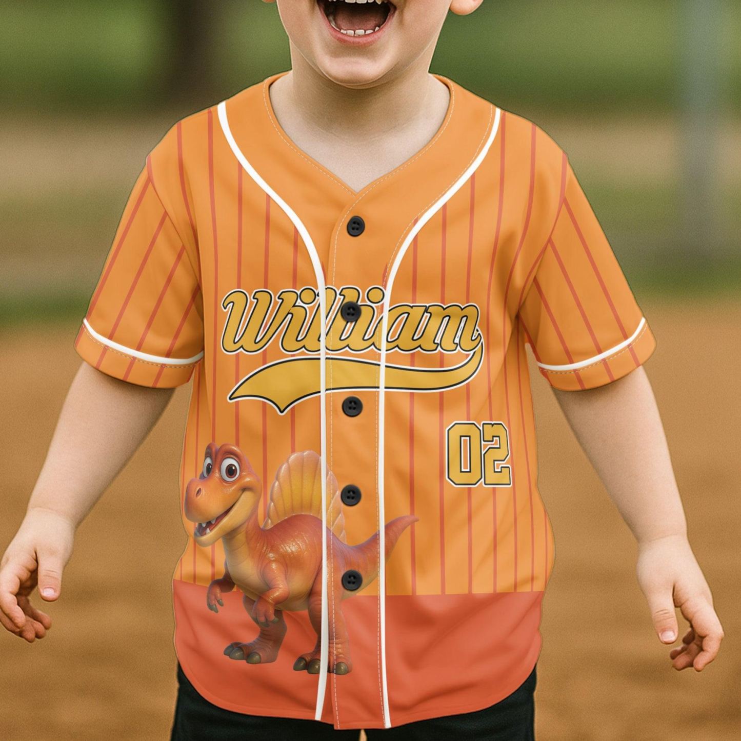 Kid Cartoon Dinosaur Vehicles Personalized Jersey Shirt – Custom Name Kids Sports Tee, Cute Dino Racing Jersey Gift for Boys & Girls - PhotoMoonLamp
