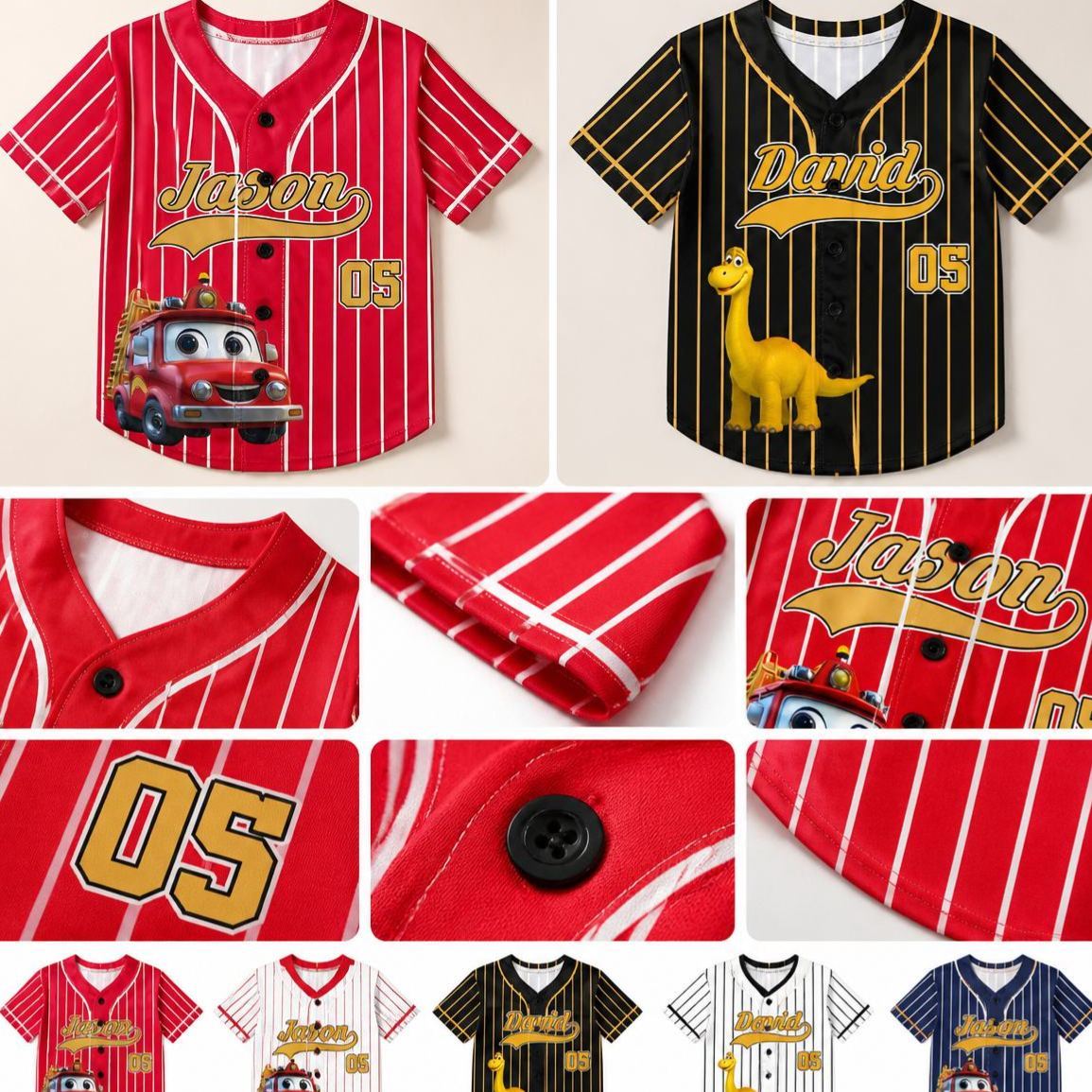 Kid Cartoon Dinosaur Vehicles Personalized Jersey Shirt – Custom Name Kids Sports Tee, Cute Dino Racing Jersey Gift for Boys & Girls - PhotoMoonLamp