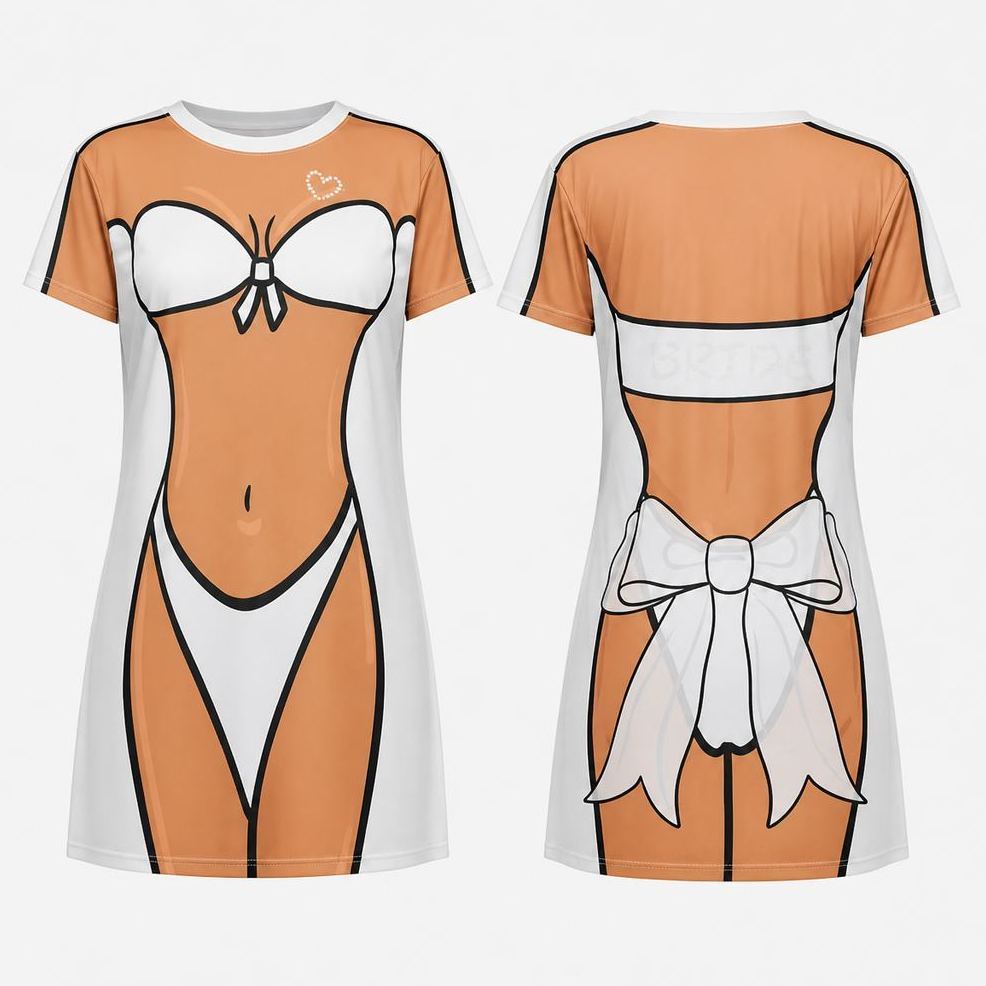 Bride Bikini Body T-Shirt Dress  Funny Bridal Cover-Up, White Bachelorette Party Tee Dress, Wedding Beach Outfit for Bride - PhotoMoonLamp