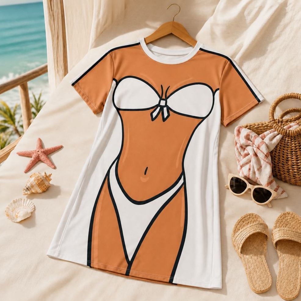 Bride Bikini Body T-Shirt Dress  Funny Bridal Cover-Up, White Bachelorette Party Tee Dress, Wedding Beach Outfit for Bride - PhotoMoonLamp