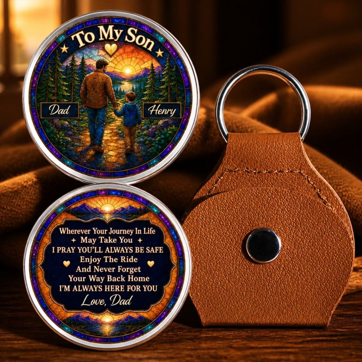 Personalized Father & Son Pocket Hug Custom Sunset Journey Keepsake Gift for Son, Inspirational Carry Along Token