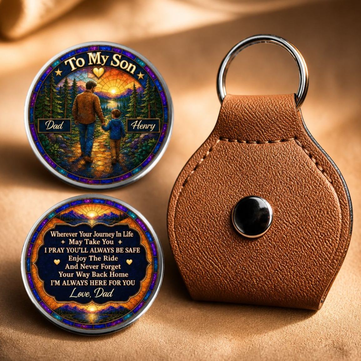 Personalized Father & Son Pocket Hug Custom Sunset Journey Keepsake Gift for Son, Inspirational Carry Along Token