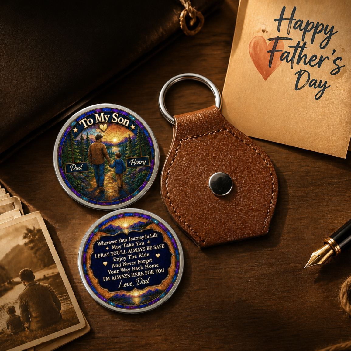 Personalized Father & Son Pocket Hug Custom Sunset Journey Keepsake Gift for Son, Inspirational Carry Along Token