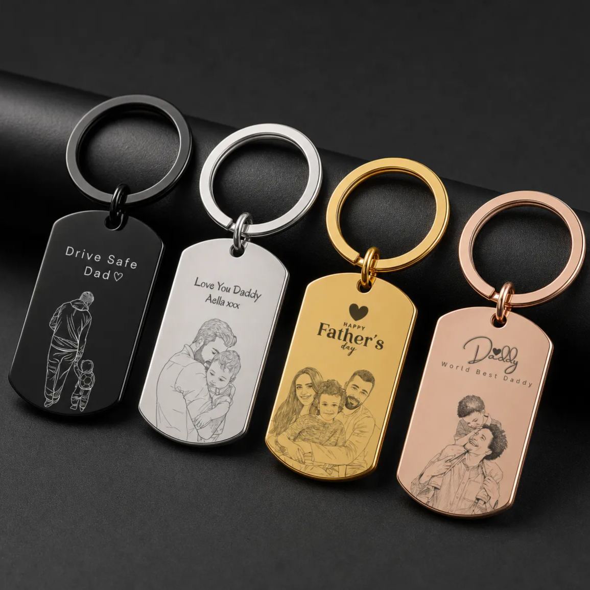 Personalised Photo Keychain Custom Engraved Sketch Keyring for Dad Memorial Stainless Steel Keepsake Birthday Gift for Him