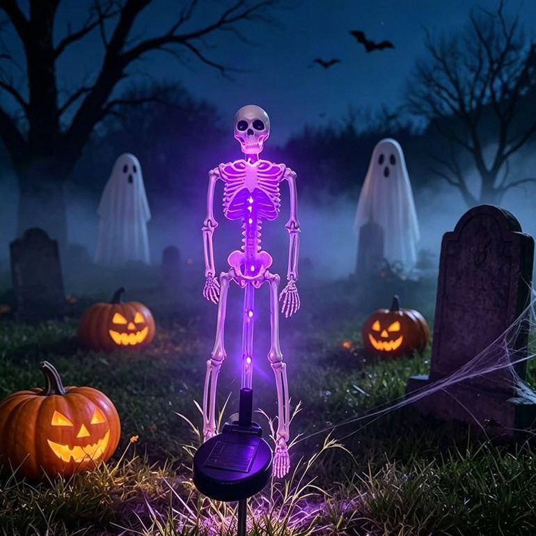Halloween Solar Skeleton Ground Lights, Waterproof Outdoor Scary Skull Garden Stake Lights, Horror Yard Decorations for Halloween Party, Patio, Lawn & Graveyard Decor
