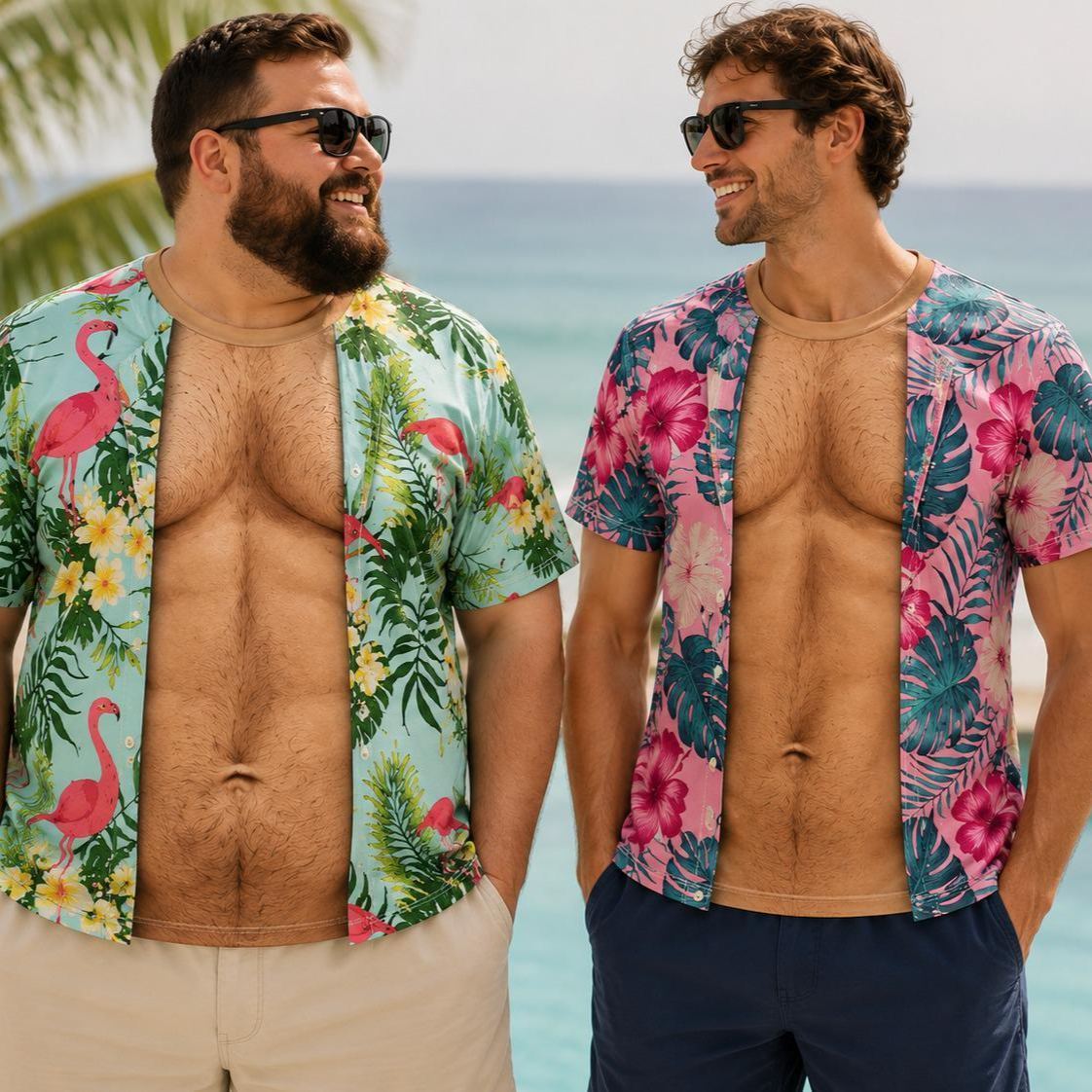 Funny Hairy Chest 3D Print T-Shirt, Tropical Hawaiian Shirt Illusion Tee, Mens Beach Vacation Shirt, Gag Gift for Him, Summer Party Tee - PhotoMoonLamp
