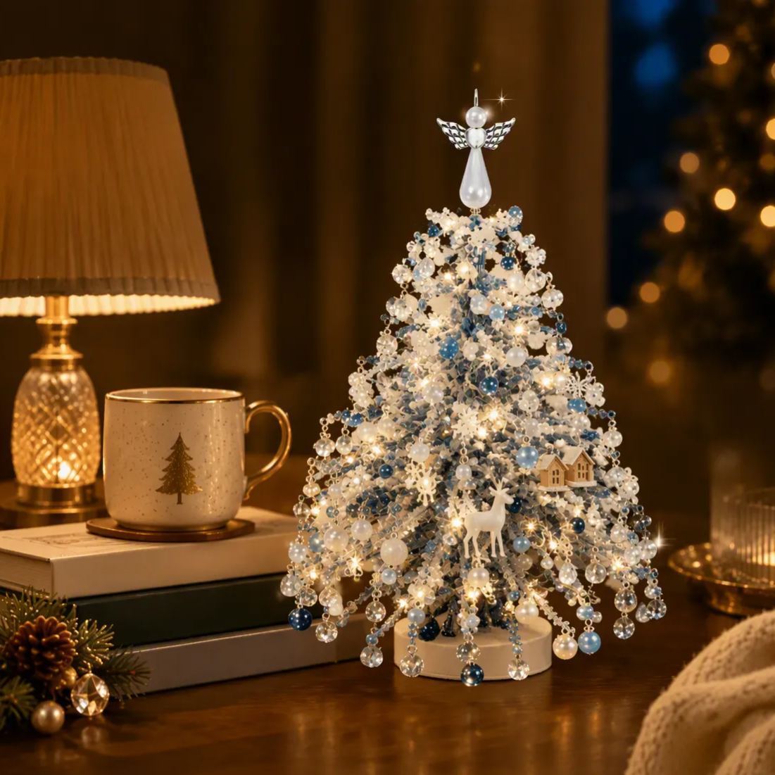 Beaded Mini Christmas Tree DIY Kit – Handmade Tabletop Holiday Decor with Angel Topper