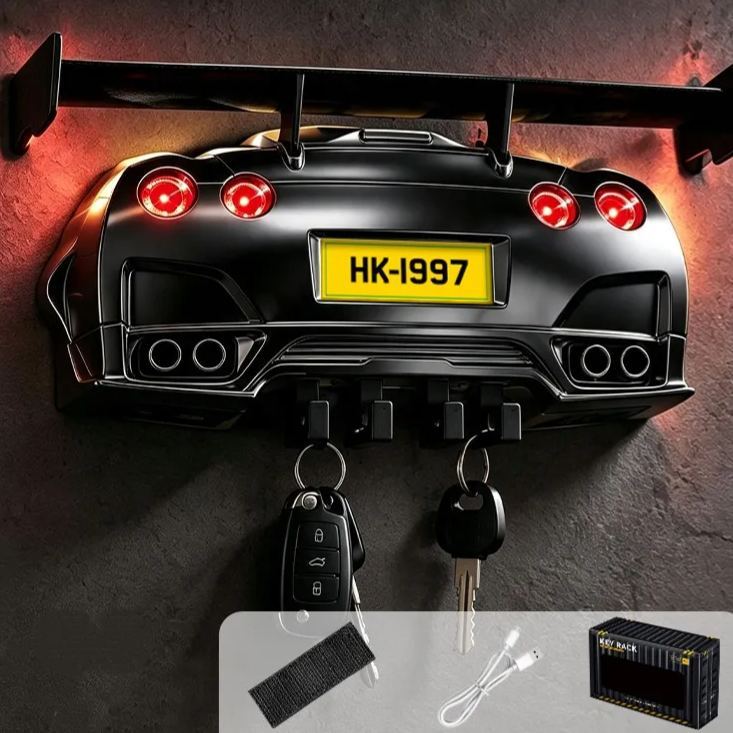 Sports Car Headlight Key Holder – Alloy Wall-Mounted Key Hook with Illuminated Car Light, Creative Key Storage Organizer