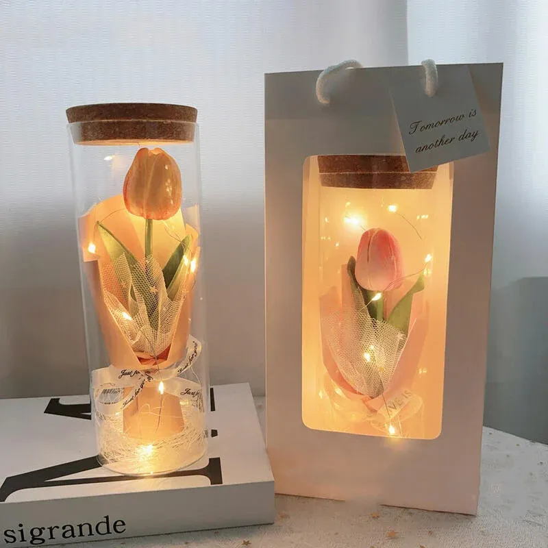 Tulip Glass Bottle Bouquet Night Light Romantic Mother's Day Gift