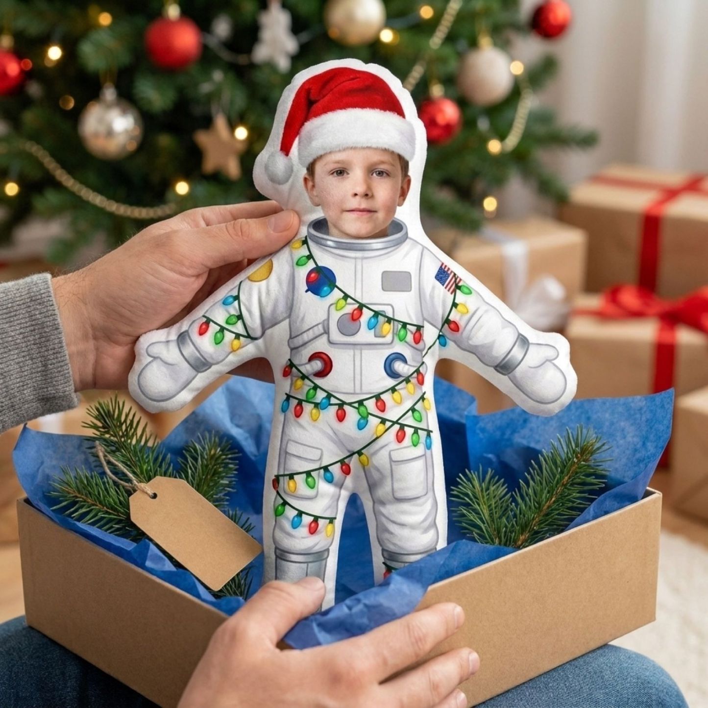 Personalized Christmas Plush Doll for Kids – Custom Photo Stuffed Toy in Santa Hat with Lights, Perfect Holiday Gift - PhotoMoonLamp