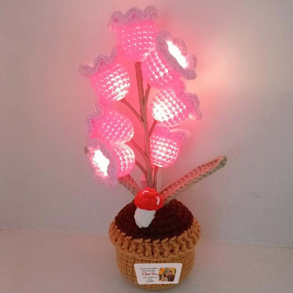 Custom Photo and Name LED Light Crocheted Lily of the Valley - Glowing Potted Knit Flower Home Ambiance Decor