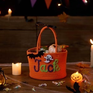 Custom Halloween Treat Bag with Name – Trick or Treat Basket, Personalized Candy Tote, Halloween Basket for Boys & Girls, Halloween Gift