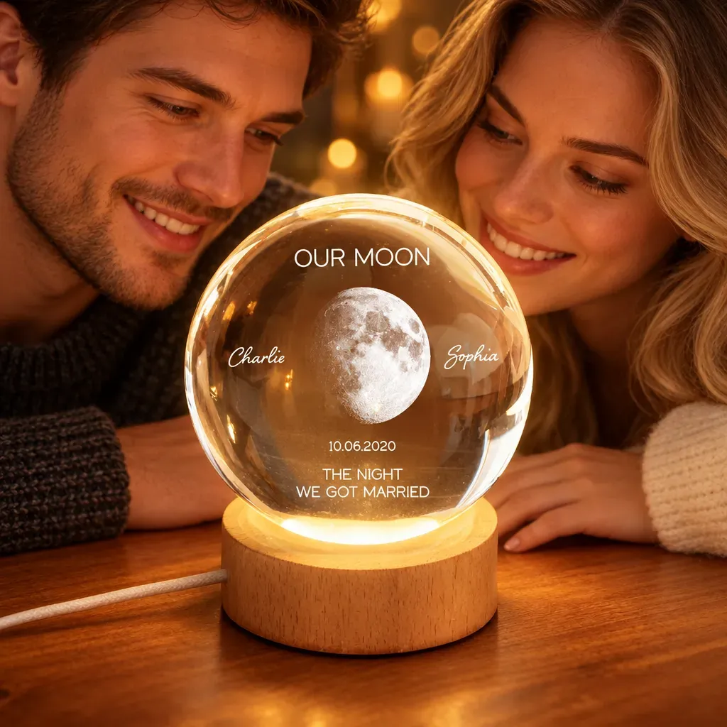 Personalized Moon Phase Crystal Ball Night Light - Custom Date Gift for Mom & Her - Unique Anniversary or Birthday Keepsake Gift