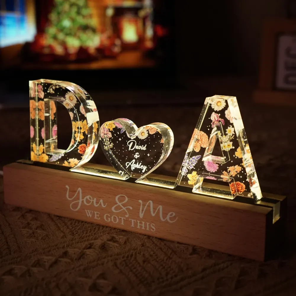 Couple Initials Floral Theme - Personalized Acrylic Block Plaque LED Night Light - Gift For Her, Gift For Him