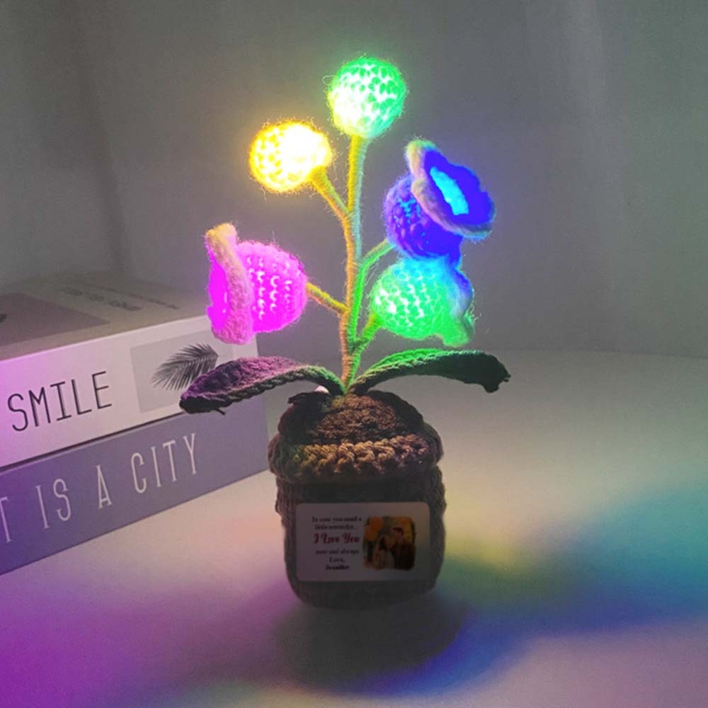 Custom Photo and Name LED Light Crocheted Lily of the Valley - Glowing Potted Knit Flower Home Ambiance Decor
