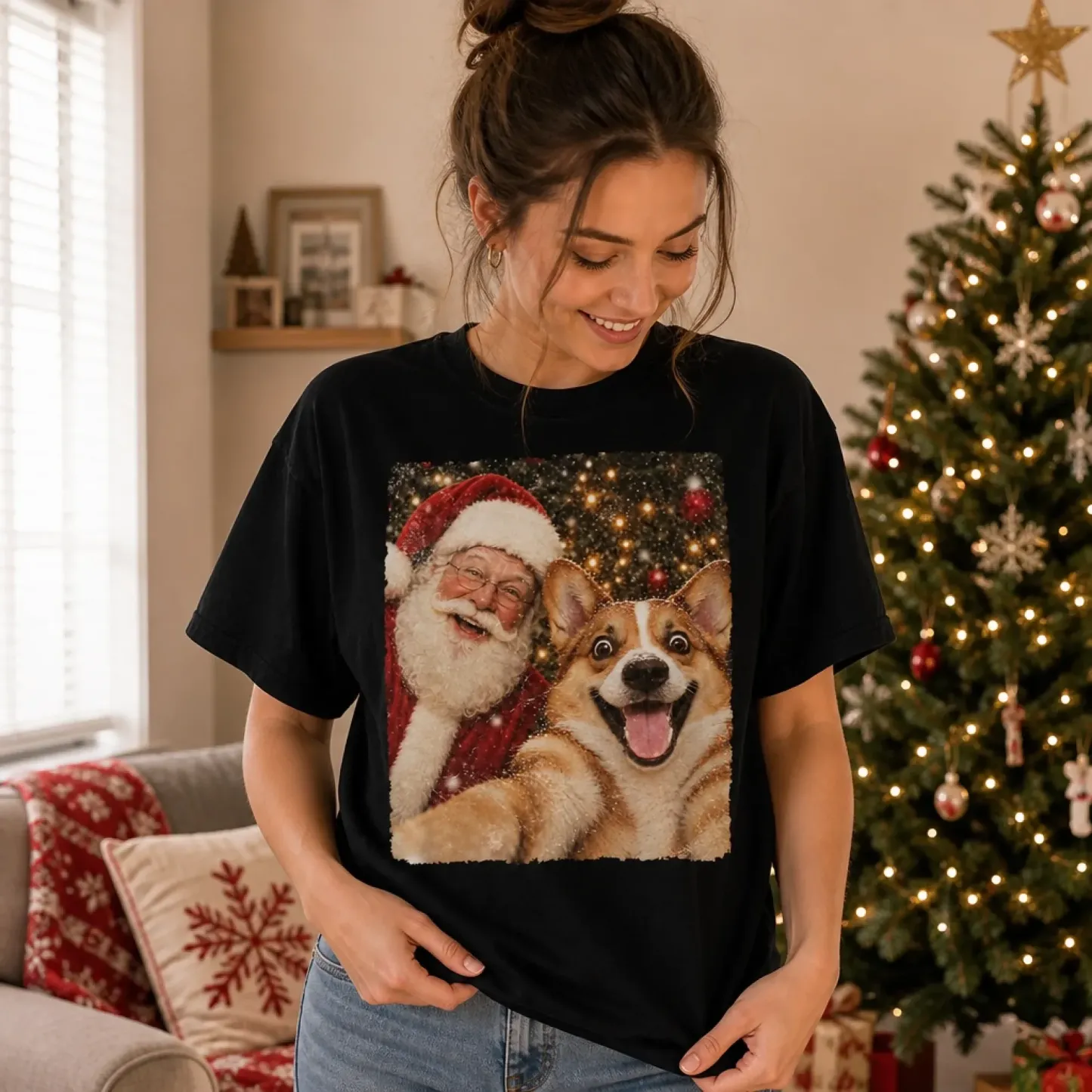 Custom Photo Christmas T-Shirt: Funny Dog & Santa Selfie Tee for Pet Lovers - Holiday Gift - PhotoMoonLamp